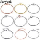 Sonykifa 2019 High Quality Rose Gold Color Snake Chain Charm Bracelet Fit Original Beads Fine Bracelet Jewelry Gift For Women