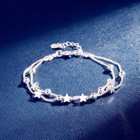 DAIWUJAN 925 Sterling Silver Bracelets Double Layered Stars Beads Chian Bracelets & Bangles For Women Girls Wedding Jewelry