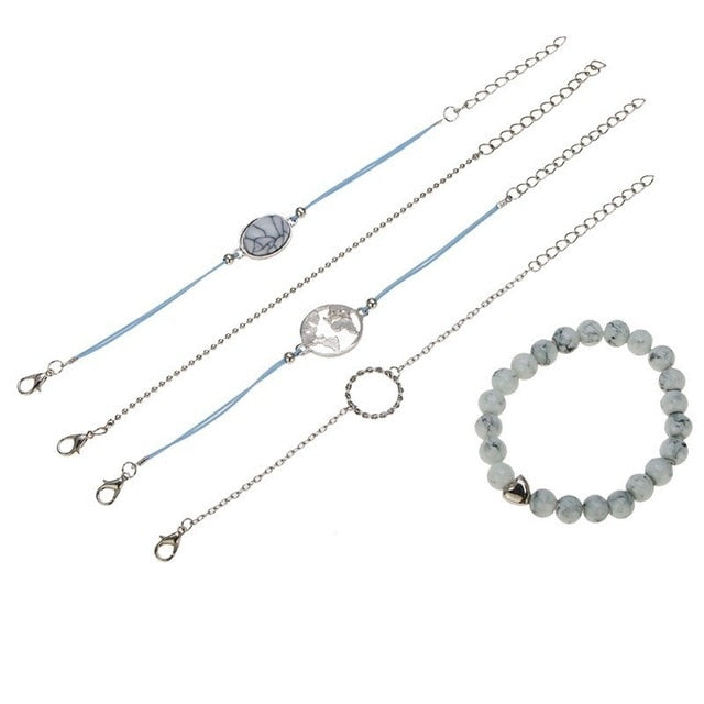 Qiao La 5pcs/set Women Fashion Bracelets Round And Silver Beads Bracelet Women's Girl Trendy Jewelry Female Bracelet Jewelry